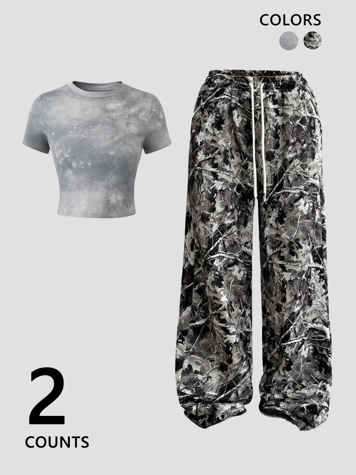 2-Pack Gray Tie-Dye Crop Top + Monochrome Leaf Camo Pants | Slim-Fit Short-Sleeve Tee + Wide-Leg Bottoms – 2025 TikTok Viral Dark Aesthetic, Edgy Tie-Dye Print, Moody Nature Design, Graphic, Perfect for Casual Style, #OOTD, #StreetwearVibes, #Y2KRevival