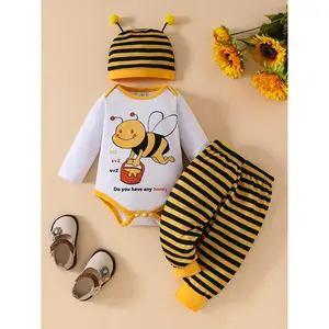 A Set of Three Cute Long-Sleeve Tops with Baby Bee Patterns, Yellow And Black Striped Pants, And an Antenna Hat, Perfect for Autumn And Winter for Girls Who Love Bee-Themed Outfits, for Outdoor