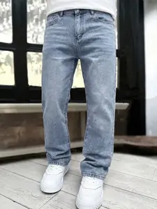 Men's Street Style Casual Classic Denim Jeans, Loose Fit Straight Leg Jeans, Vintage Champagne Blue, Fashionable Daily Wear