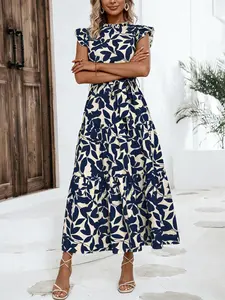 A women's fashionable printed ruffled puff sleeve stand collar tie-up fairy dress, suitable for summer, beach vacations, dates, gatherings, and other casual occasions.