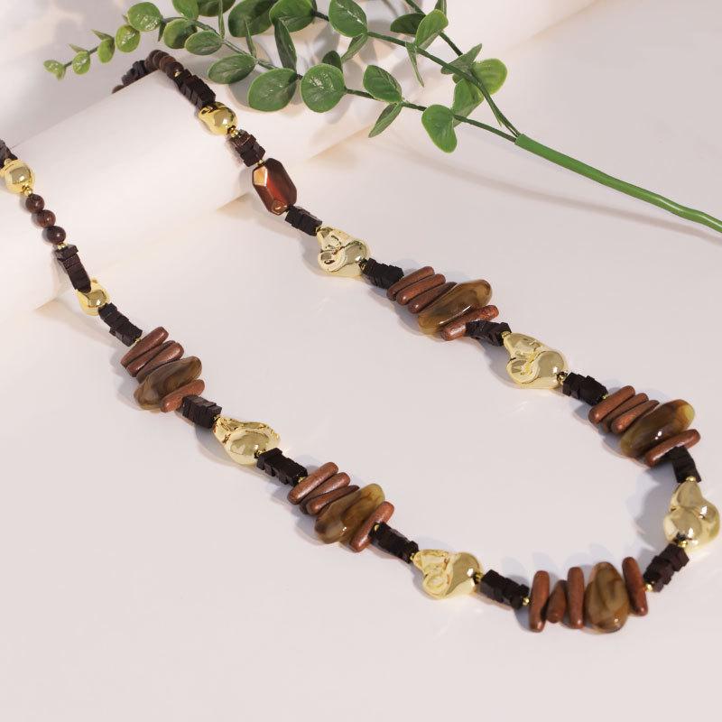 New vintage and laid-back Bohemian style wooden flat bead shiny irregular color long necklace