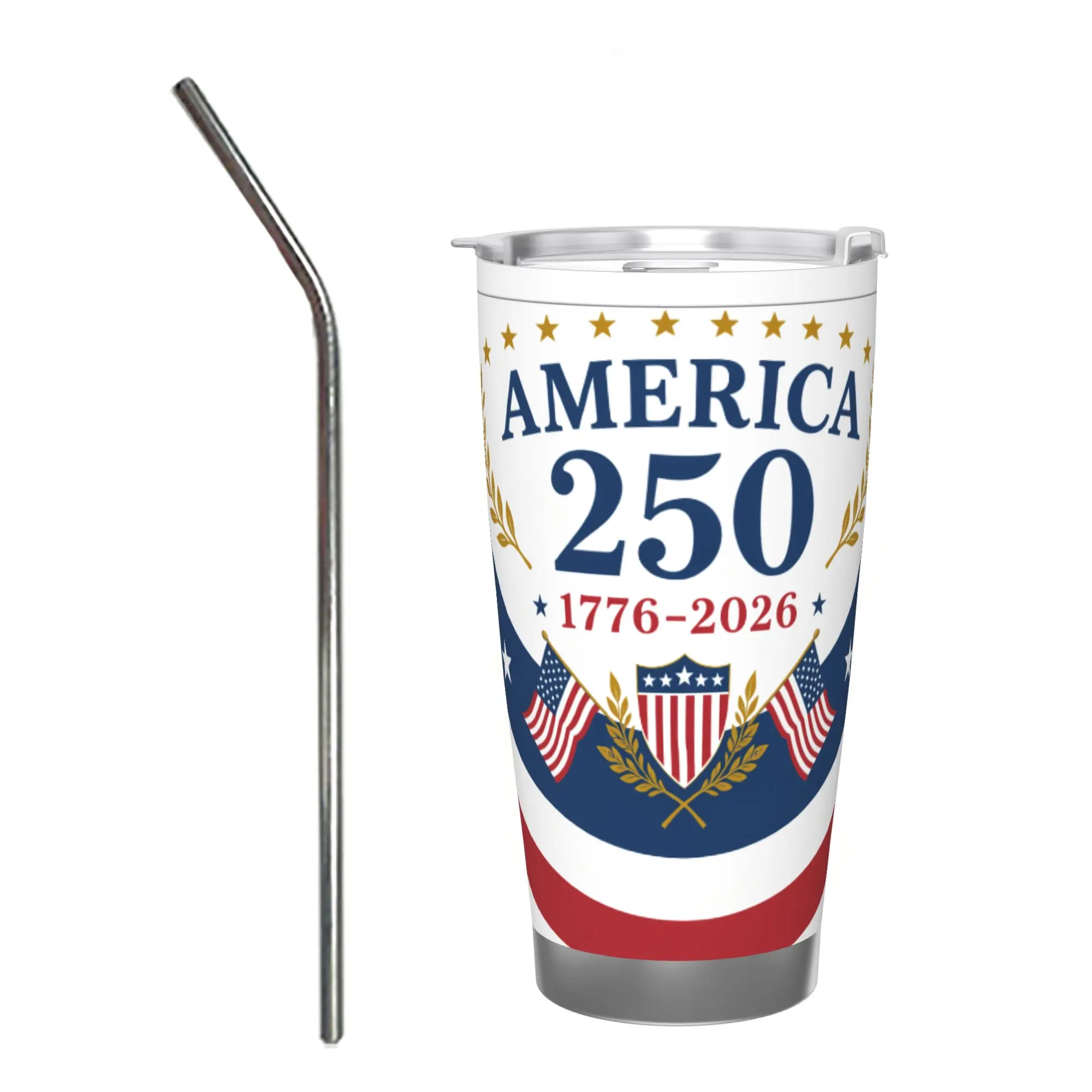 20oz Printed Stainless Steel Thermal Tumbler - America's 250th Birthday (1776-2026) Patriotic Vacuum Insulated Bottle with Straw, Lid, Unisex Portable USA Mug for Backyard BBQs, Car, Keeps Drinks Cold for Hours