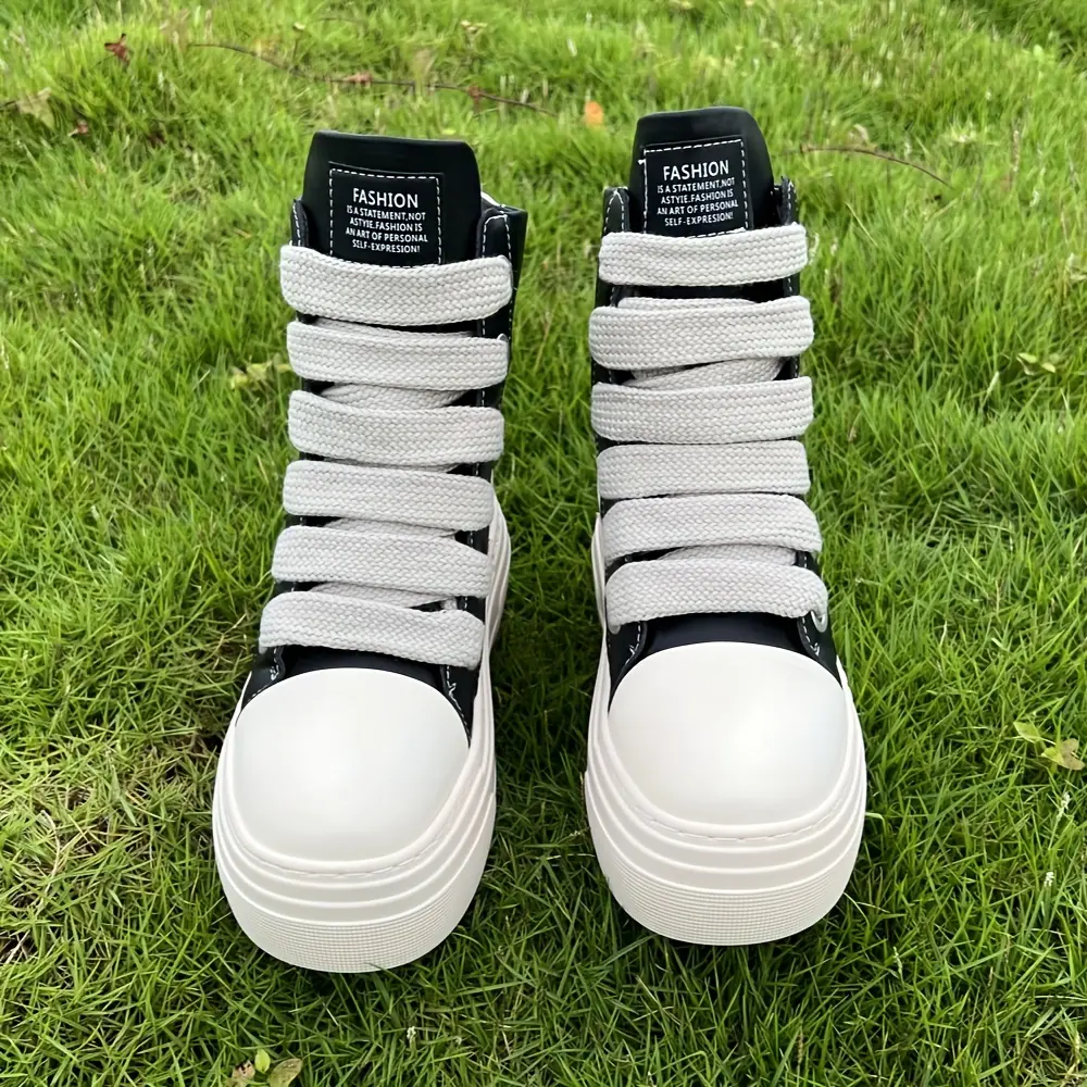 Men's and Women's Fashionable High-Top Waterproof Platform Flame Embroidered Thick Shoelace Leather Casual Shoes