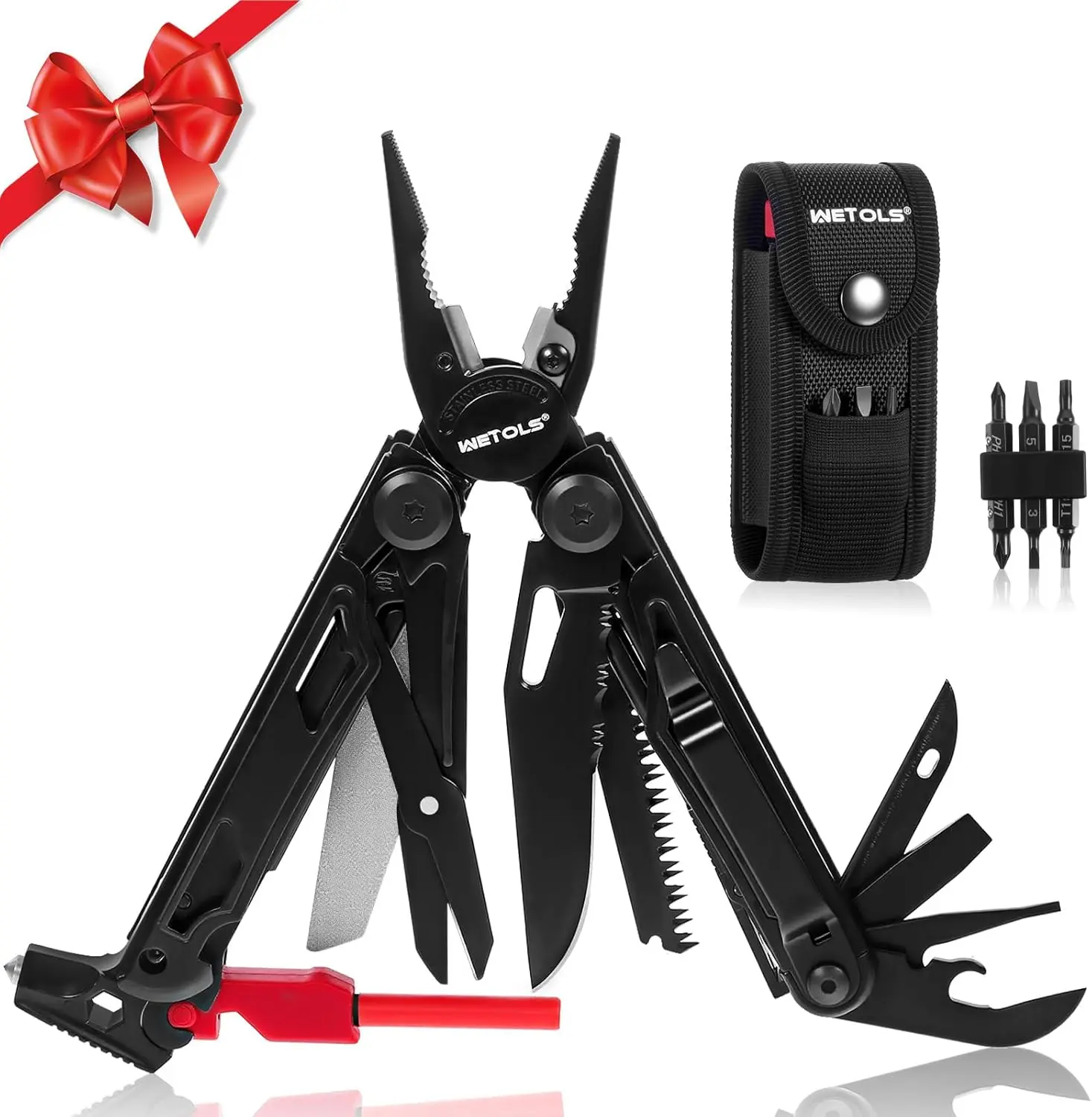 WETOLS Multitool with Pocket Knife, 27-in-1 Stainless Steel Needle Nose Pliers with Screwdrivers, Self-locking Multi tool EDC Gear with Sheath, Gift for Christmas,New Year Multifunctional