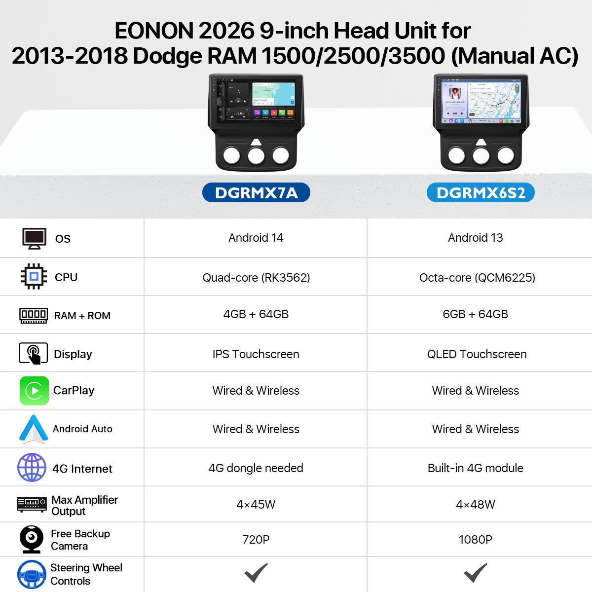 EONON Car Stereo for Dodge RAM 1500 2500 3500 (2013-2018) Manual AC, Wireless CarPlay & Android Auto Car Radio Touch screen, 9" Android 14/13 Car head unit, SWC GPS Navigation, BT, Wi-Fi, Sub, Backup camera - DGRMX7A / DGRMX6S2