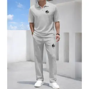 Men's Letter Shield Emblem Print Waffle-Knit Polo Shirt Set, Short-Sleeve Zip-Up Collar Top with Matching Athletic Trousers, Casual Sportswear Outfit