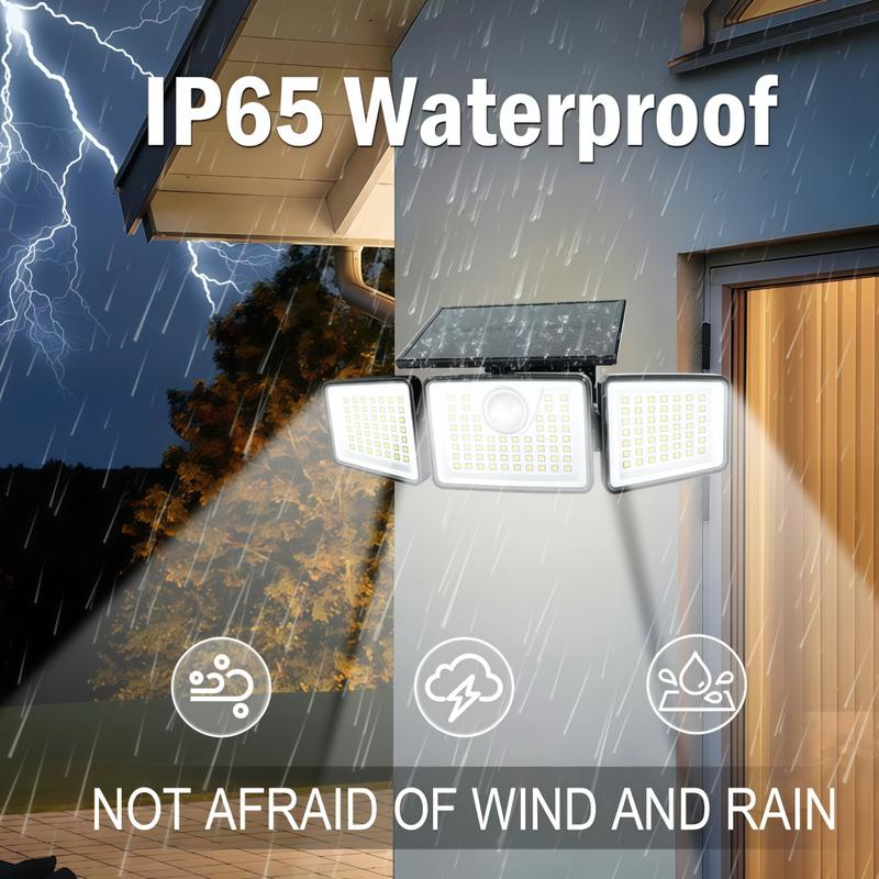 2 Packs LED Motion Sensor Solar Lights Outdoor IP65 Waterproof with 3-Head Security Lights 2500-Lumen Floodlights Spotlights 270° Wide-Angle Lighting for Patios Garages and Gardens