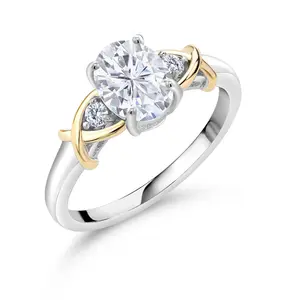 Gem Stone King 1.58 Cttw White Moissanite 3-Stone Engagement Ring For Women | 925 Sterling Silver and 10K Yellow Gold | Oval 8X6MM | Three Stone Wedding Anniversary Promise Ring