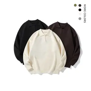 Men’s classic-collar knit pullover with beige ribbed long sleeves and a regular fit, suitable for both casual and formal wear in autumn and winter. Soft and breathable knit top, college-style sweater with a lapel collar and V-neck, vintage style