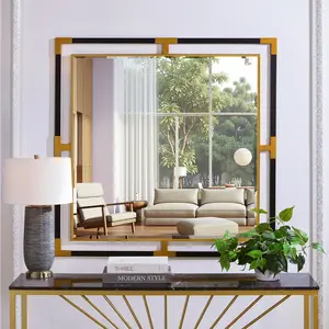 Black & Gold Double-Frame Square Wall Mirror 39.4x39.4inch - Modern Rounded Corner Vanity Mirror | Hanging/Leaning, Horizontal/Vertical Use for Bathroom, Bedroom & Living Room