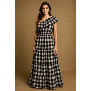Printed Plaid One Shoulder Dress (One Size - up to Medium)