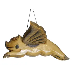 10" Authentic Traditional Style Hand Carved Wooden Flying PIG Farm Ranch Stables Folk Art Wings Mobile