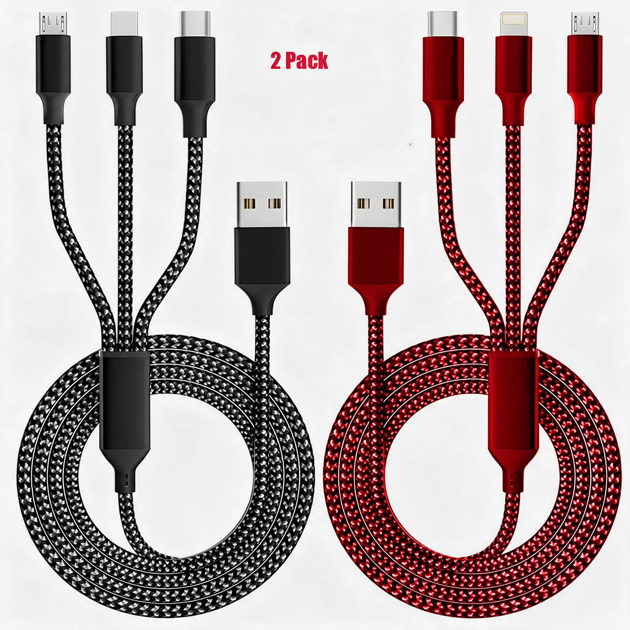 2-Pack 4-In 3-in-1 Fast Charging Data Cable, Short Universal Multi-Head USB Cord for Automotive Car Travel, USA Compatible for Mobile Phones, Electronic Devices