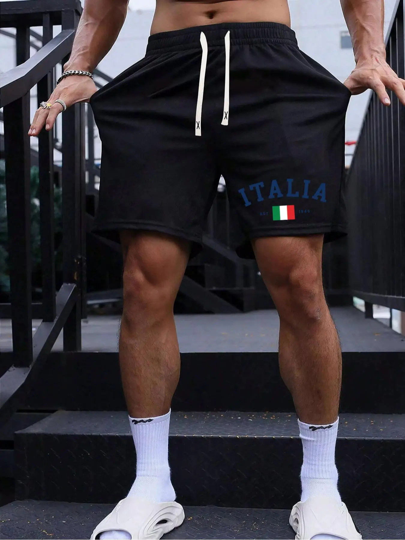 Men's Italy Flag Print Drawstring Waist Shorts, Regular Fit Casual Fashion Letter Print Shorts for Summer, Men's Bottoms for Daily Wear, Casual Sport Shorts, Fashionable Summer Shorts