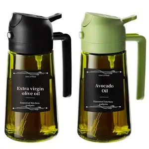 2-in-1 Olive Glass Oil Sprayer & Dispenser Set of 2 for Cooking 16oz/470ml, Oil Dispenser Bottle with Handle & Labels, Dark Glass Oil Mister for Air Fryer, Salad, Frying, BBQ, Black & Green