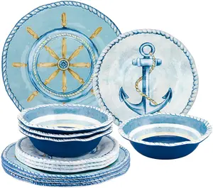 12 Piece Sail Away Melamine Dinnerware Sets, Outdoor Dishes Set, Plates and Bowls Sets, Service for 4, Blue
