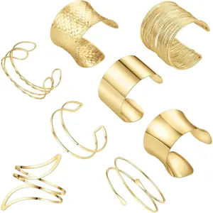 8PCS Gold Arm Cuff Jewelry Set for Women Adjustable Upper Arm Band & Cuff Bangle Bracelets Minimalist Design Chic Fashion Accessory