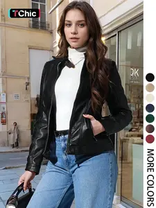 Giolshon Women's Vintage PU Jacket for All Seasons, Casual Fitted Outdoor Commute & Date Wear, Stylish Plaid & Plain Designs