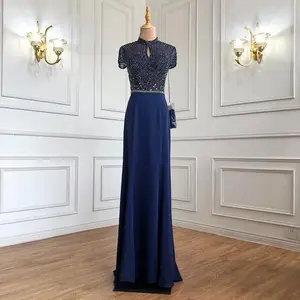 2024 Black Satin Mermaid Prom Dress: High Neck, Beading, Crystal Accents, and Short Sleeves for a Sexy and Elegant Look