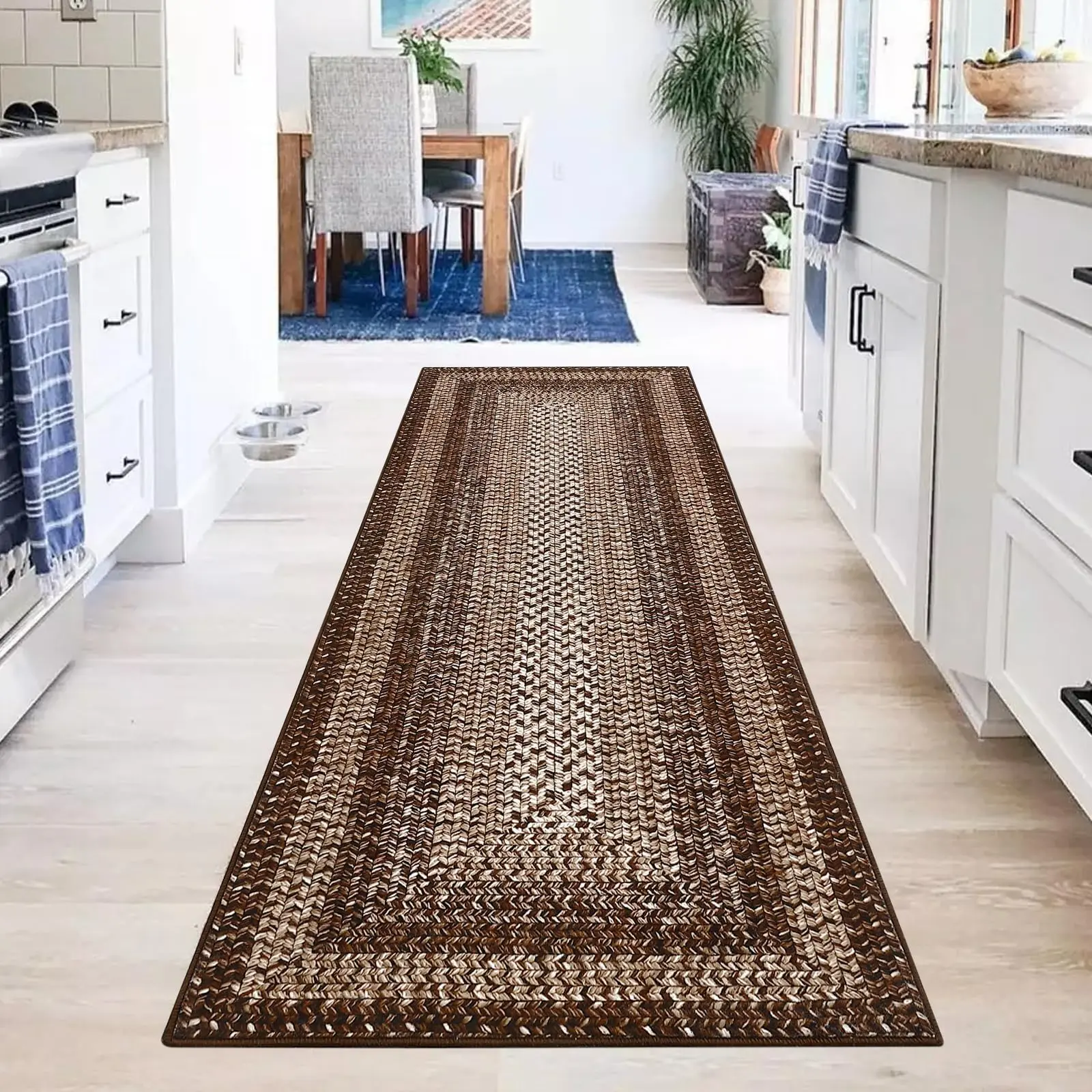 Brown 2x10 Braided Area Rug with Non-Slip Backing, Modern Accent Carpet for Bedroom, Living Room, Dining Room & Hallway, Foldable Low Pile Throw Rug