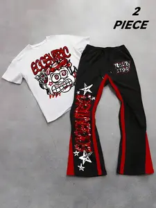 Y2K Retro Graffiti Graphic T-Shirt and Flared Sweatpants 2-Piece Set Matching | Men & Women's Streetwear Co-ord with Contrast Side Stripes | Oversized Hip-Hop Baggy Outfit for Skating and Daily Street Style Clothes