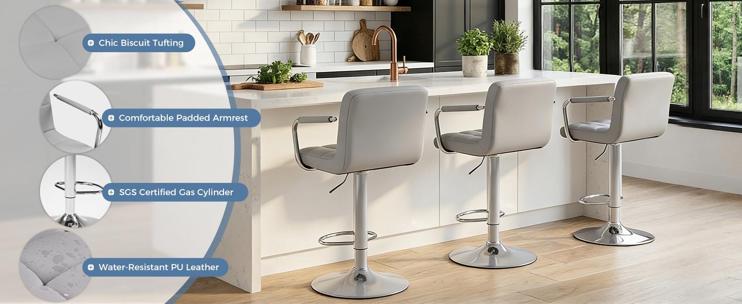 Set of 2 Swivel Bar Stools with Armrests, Adjustable Counter Height Bar Chairs with Backrest & Footrest, PU Leather Modern Barstools for Kitchen Island, Home Bar, Dining Room, Cafe