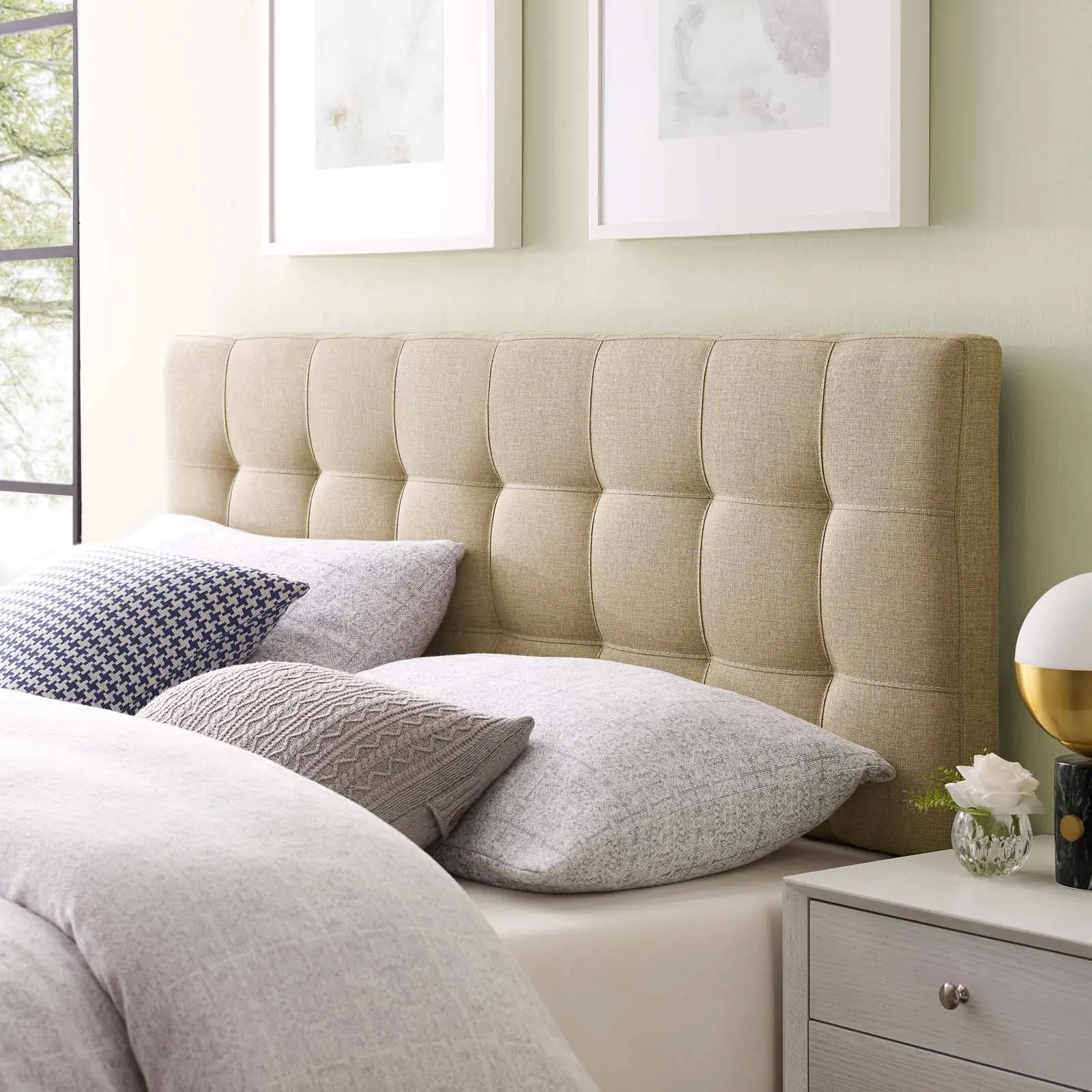 Modway Lily King-Size Upholstered Fabric Headboard, Beige Diamond Tufted Durable Headboard for Indoor Bed Frames, Diamond Tufted Headboard, Durable Headboards