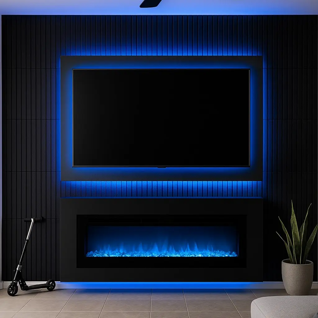 Astoria Fire Modern Entertainment Center with Electric Fireplace Realistic Flames & Black Floating TV Panel Portable Ready-Made Design for Living Room