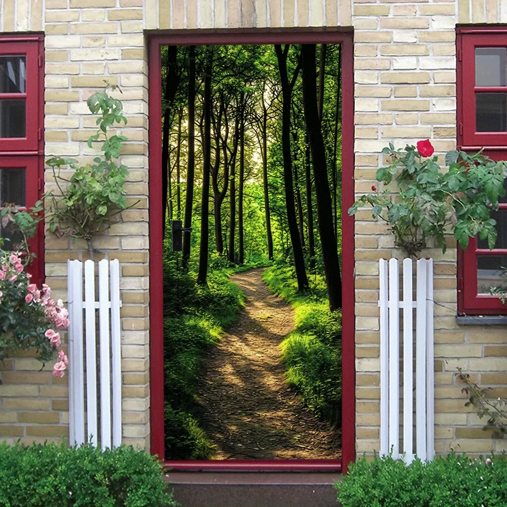 2pcs Green Forest Pathway Wall Sticker Natural Landscape Home Decor Decal Self-Adhesive Removable Eco-Friendly Waterproof Wear-Resistant Customizable Size Modern Minimalist Style Living Room Bedroom Wall