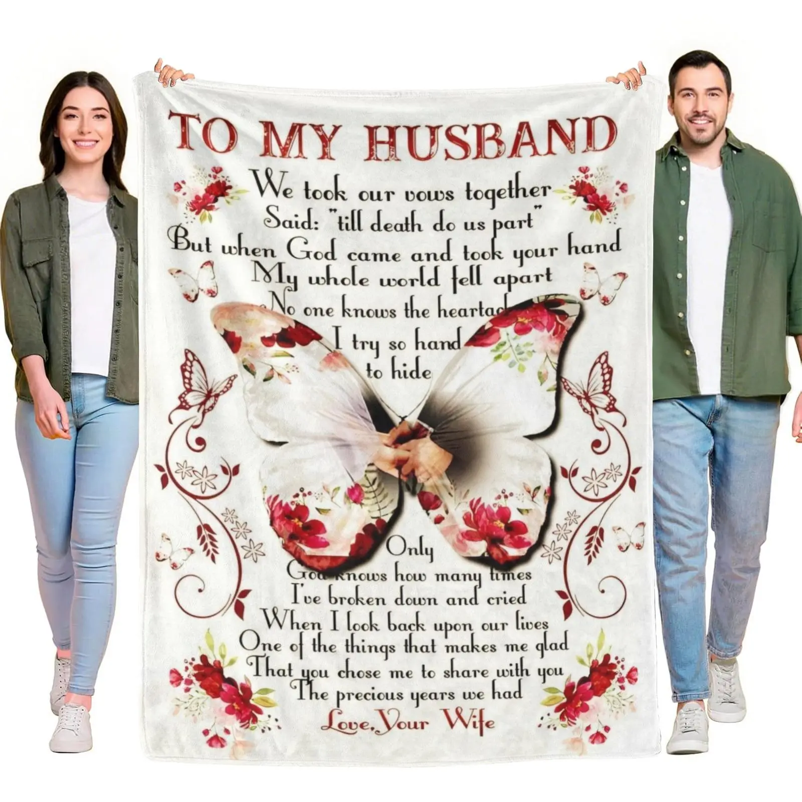 Flannel Blanket To My Husband Memorial Butterfly Printed Soft Warm Throw Blanket For Bedroom Sofa Grief Sympathy Gift For Widow Wife
