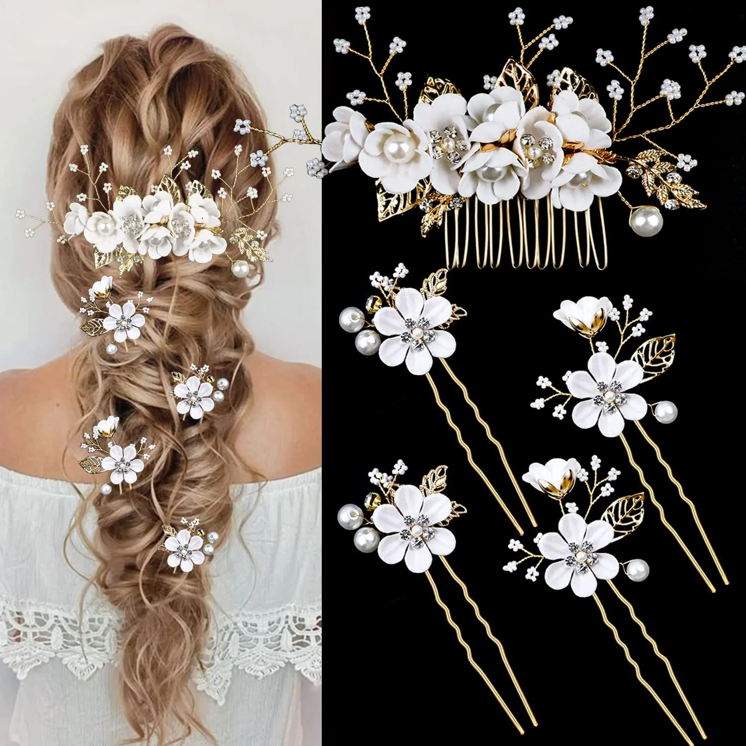 Dainty Bridal Headwear, 5 Piece Floral Hair Pins & Comb Set with Pearl and Rhinestone, Gold Wedding Accessories for Bride Updos