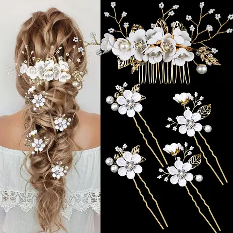 Dainty Bridal Headwear, 5 Piece Floral Hair Pins & Comb Set with Pearl and Rhinestone, Gold Wedding Accessories for Bride Updos