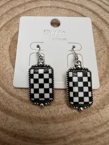 Western Black & White Checkered Rectangle Earrings — 1½" Drop