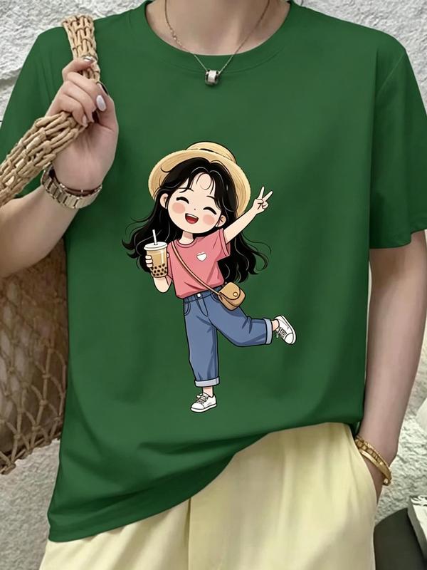 Women's 100% Cotton Loose-Fit Short Sleeve Round Neck Casual Cropped T-Shirt - Valentines Day, Boba Drink Girl Graphic, Skating Girl Design, Heat Transfer, Color-Sorted Wash, All Seasons, S-5XL Sizes