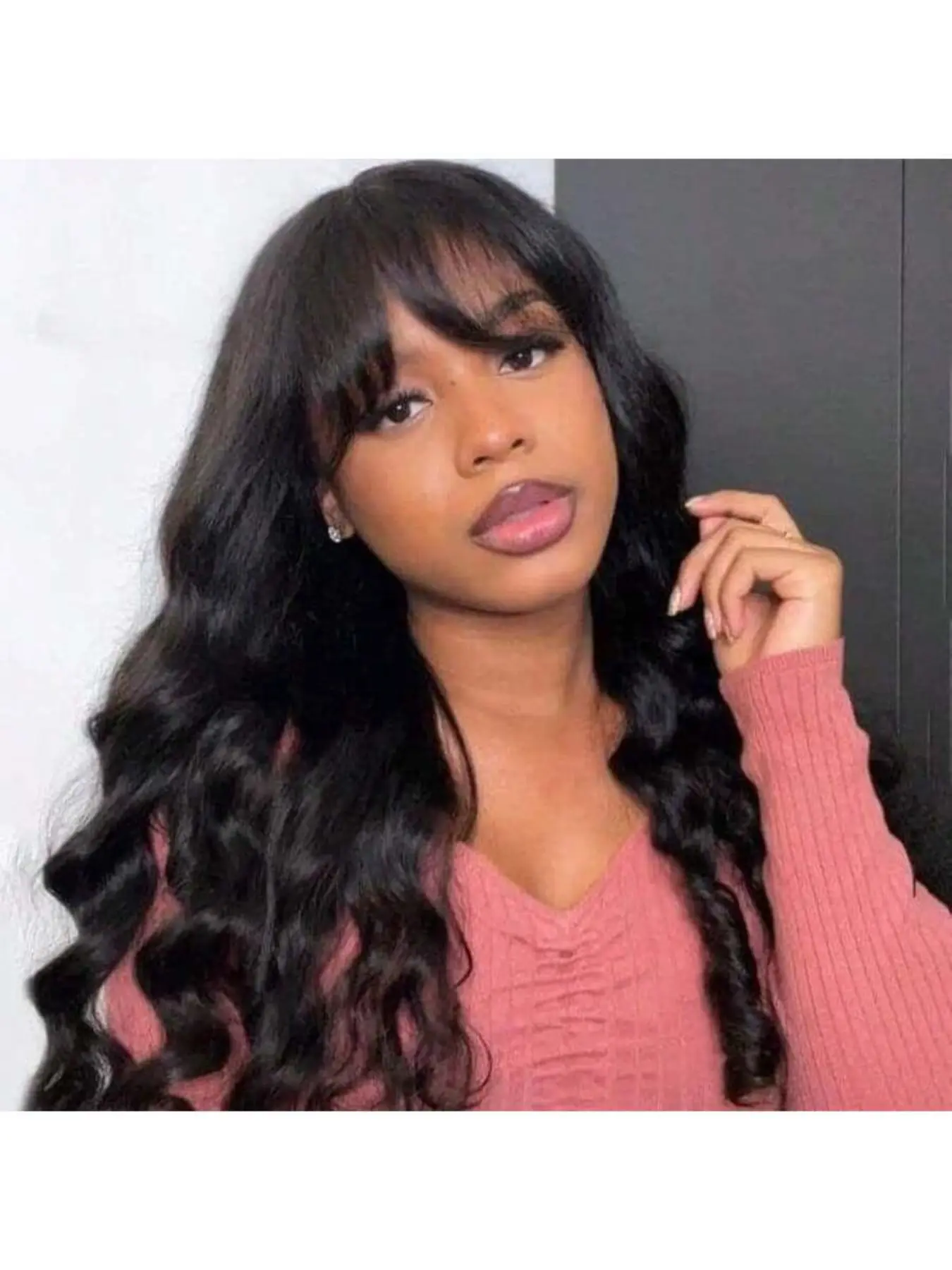 Body Wave Lace Front Wig with Bangs 16 Inch Glueless 180% Density Human Hair Sa9cd1812ca9a43a0ab6c21b67e04b  main image 3