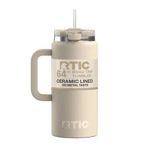 RTIC 64 oz Ceramic Lined Road Trip Tumbler with Handle and Leak-Resistant Straw Lid, Beach