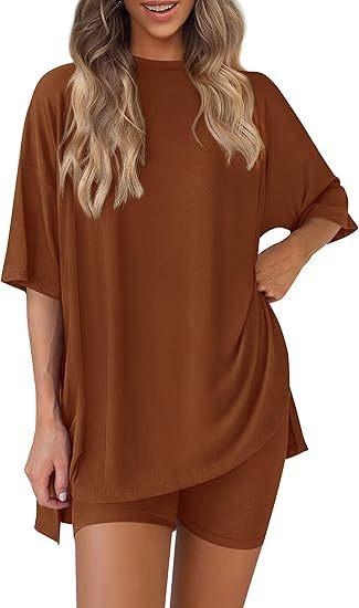 Women's 2-Piece Solid Color Lounge Set: Oversized Crewneck Half-Sleeve Tunic Top with Matching Biker Shorts - Plus Size Tracksuit