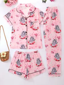 Women's Pajama Set, Casual Fitted Sleepwear, All-Season Comfort, Cute Cartoon Rose Tiger Print, Summer Cool, Home Wear
