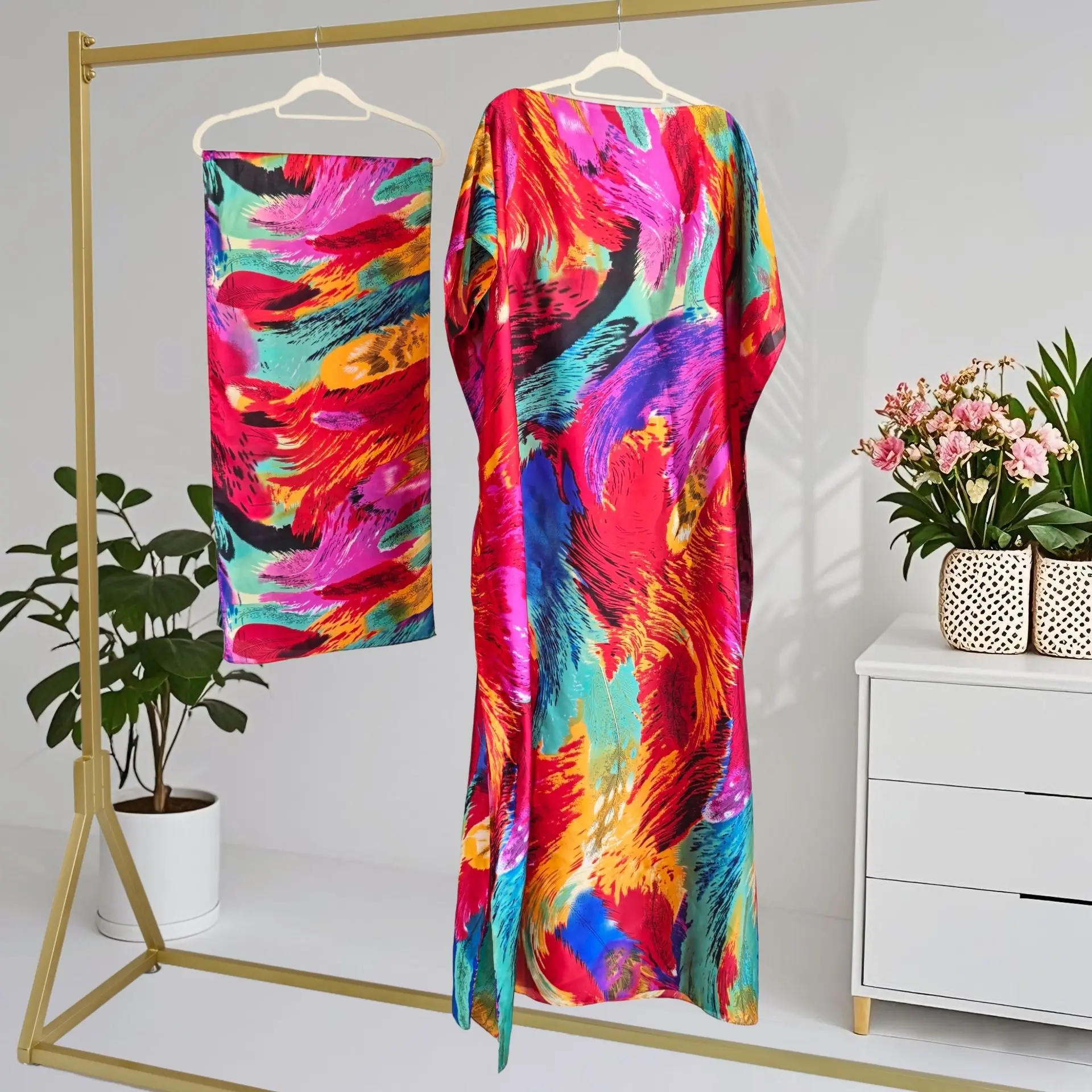 Elegant Silk Floral Print Dress Set, Long Robe & Scarf, Beach Cover-Up, Sun Protection, All Seasons Wear, Women's Fashion