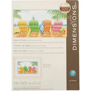 Colored Beach Chairs Counted Cross Stitch Kit, 14 Count Light Blue Aida, 7'' x 14''