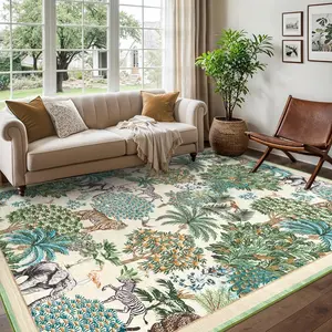 9x12 Beige Decorative Area Rug, Washable Floral Modern Jungle Non-Slip Throw Mat for Entryway, Kitchen, Living Room Decor