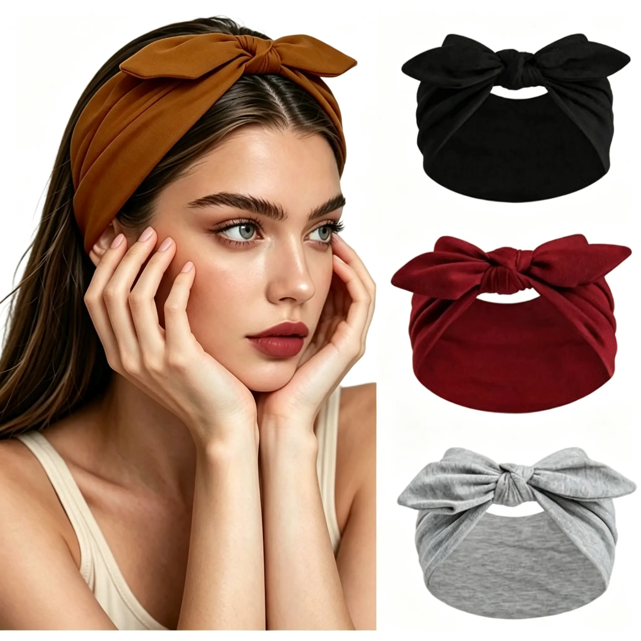 3-Pieces Solid Color Bowknot Headband Set, Elastic Ultra Wide Bunny Ears Bow Hair Hoop, Sweat Absorbent Fashion Rabbit Knot Head Scarf for Women Girls, Yoga Sports Daily Party Outdoor Fall Winter Hair Accessories
