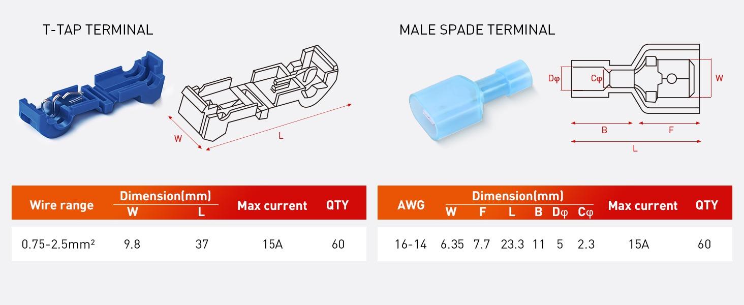 Nilight 120PCS/60 Pairs Quick Splice Disconnect Wire Terminals T-Tap Spade Connectors Blue 16-14 AWG Male Female Fully Insulated Crimp Self-Stripping Kit