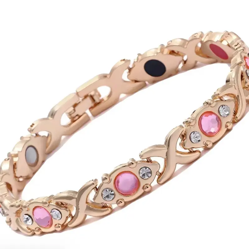 Magnetic Healing Bangle with Pink Rhinestones, Eco Alloy Magnetic Bracelet