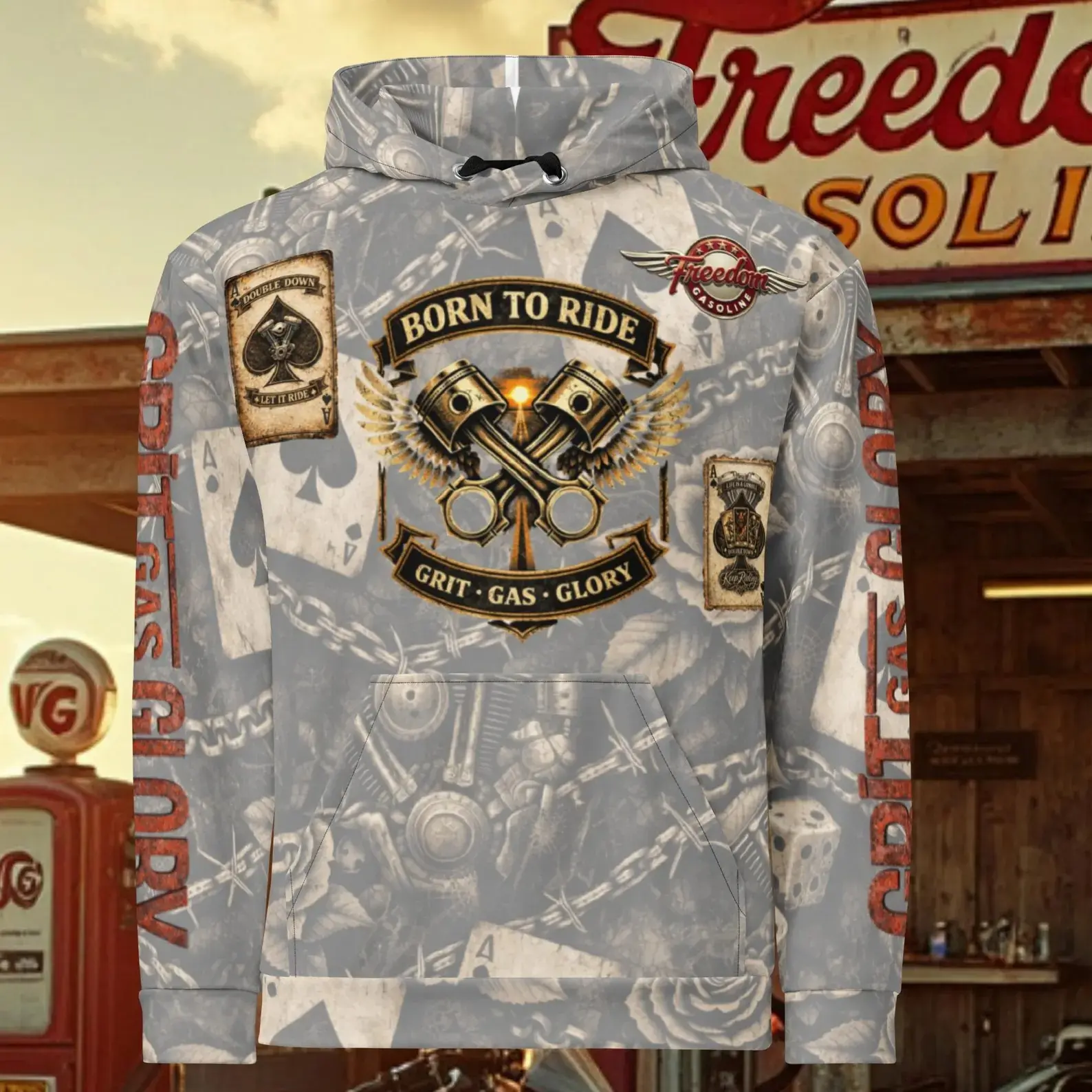Biker Motorcycle Hoodie, Double Down Born to Ride Grit Gas Glory Graphic Hoodie, Unisex Hooded Sweatshirt, Casual Streetwear Pullover, Long Sleeve Winter Hoodie, Gift for Motorcycle Riders and Biker Lovers