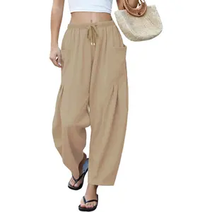 Womens Wide Leg Linen Pants Casual Drawstring Palazzo Harem Pants Summer Loose Beach Travel Vacation Pants with Pockets
