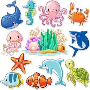 2D Flat 12pcs Cartoon Sea Creature Magnets | Adorable Marine Designs, Heat-Resistant, PVC Material, Magnetic Mount, Ideal for Dishwasher, Refrigerator, Whiteboard, Car, Door - No-Residue, Easy Decor