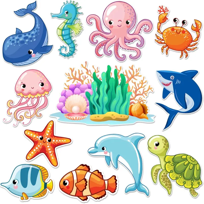 2D Flat 12pcs Cartoon Sea Creature Magnets | Adorable Marine Designs, Heat-Resistant, PVC Material, Magnetic Mount, Ideal for Dishwasher, Refrigerator, Whiteboard, Car, Door - No-Residue, Easy Decor, Fridge Magnets, Home Decor