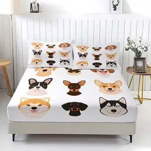 3-piece set of various dog patterned bed sheets, including 1 bed sheet and 2 pillowcases, anti slip dust cover suitable for bedrooms, suitable for holiday and birthday gifts