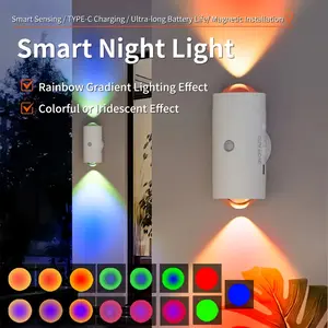 USB Rechargeable Smart LED Night Light with Motion Sensor – RGB Gradient, Dimmable Wall Lamp, Magnetic Step Lighting for Entryway, Bedside, Desk, Closet – Wireless, 1500mAh Lithium Battery, Infrared Sensor, Non-Waterproof, Perfect for Christmas Decor